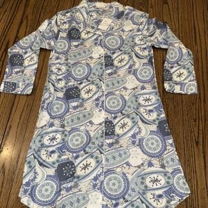 Soft Surroundings Women's Ornament Night Shirt Gown Small Blue‎ White Pockets